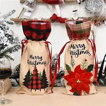 

1pc Christmas Red Wine Bottle Covers Bag Linen Holiday Santa Claus Champagne Bottle Cover Christmas Decorations For Home