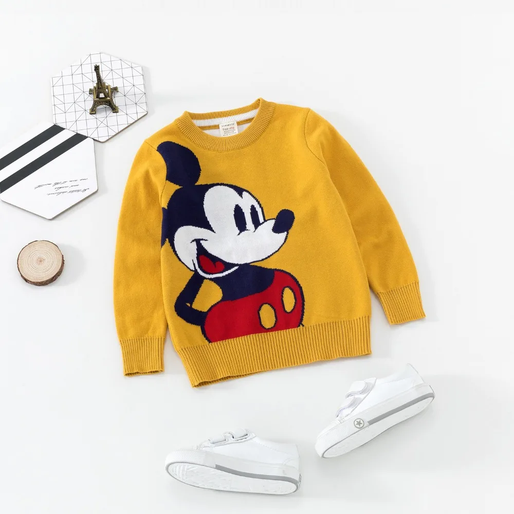 Свитер для маленьких мальчиков с вышивкой Микки Мауса; сезон осень-зима; Детские двухслойные вязаные свитера с Минни для девочек; милые топы