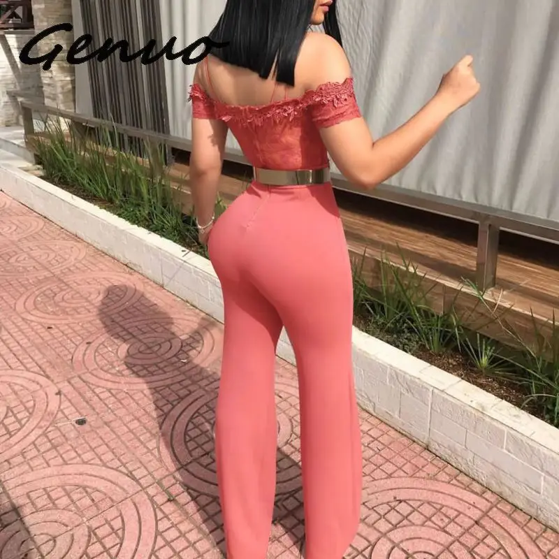 Genuo, новинка, женские, плюс размер, кружева, пэчворк, спагетти, ремень, холодное плечо, бодикон, широкие ноги, комбинезоны, уличная одежда, модные, umpsuit