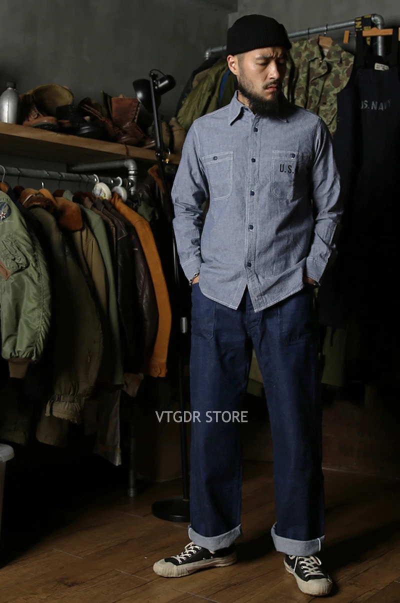 Bronson WW2 USN ШАМБРЕ Рабочие Рубашки мужские винтажные Selvage темно-синий усталость утилита