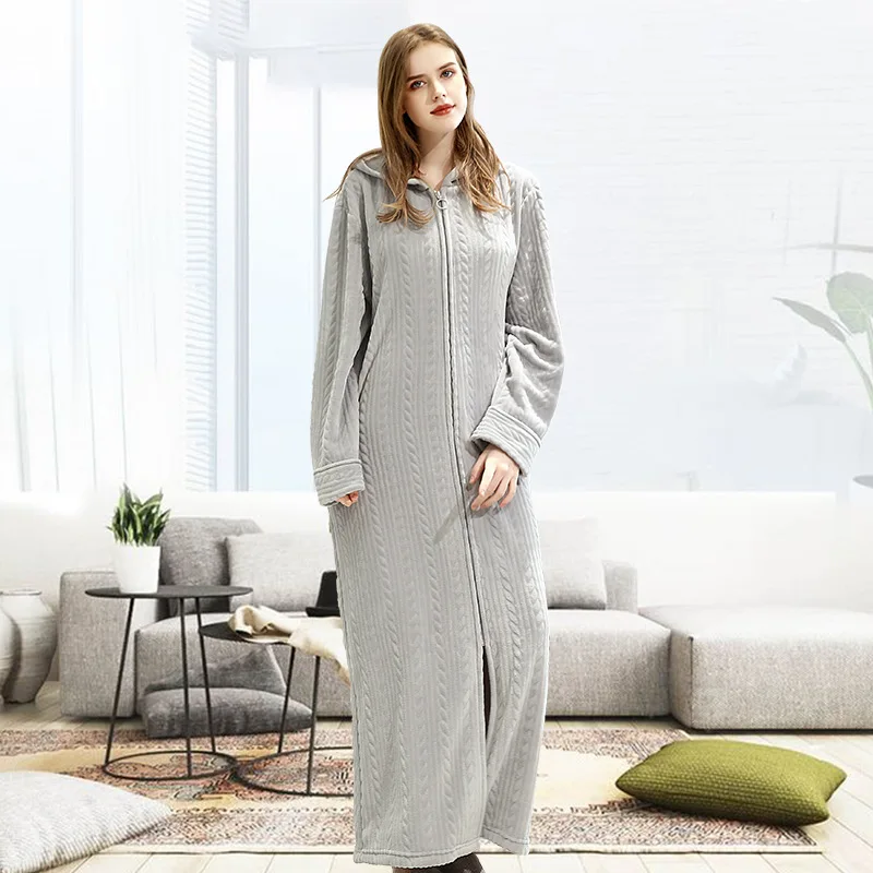 Light Gray Халат унисекс с длинными рукавами и капюшоном; халат; домашний халат; халат на молнии; плюшевый халат; пара утепленных пижам; ночная рубашка - Цвет: Light Gray