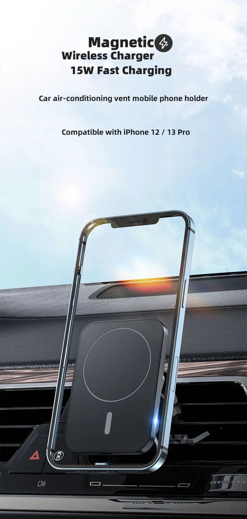 15W Fast Qi Magnetic Wireless Charger Car Air Vent Phone Holder Mount Compatible with Magsafe Case for iPhone 12 13 Pro Mini Max