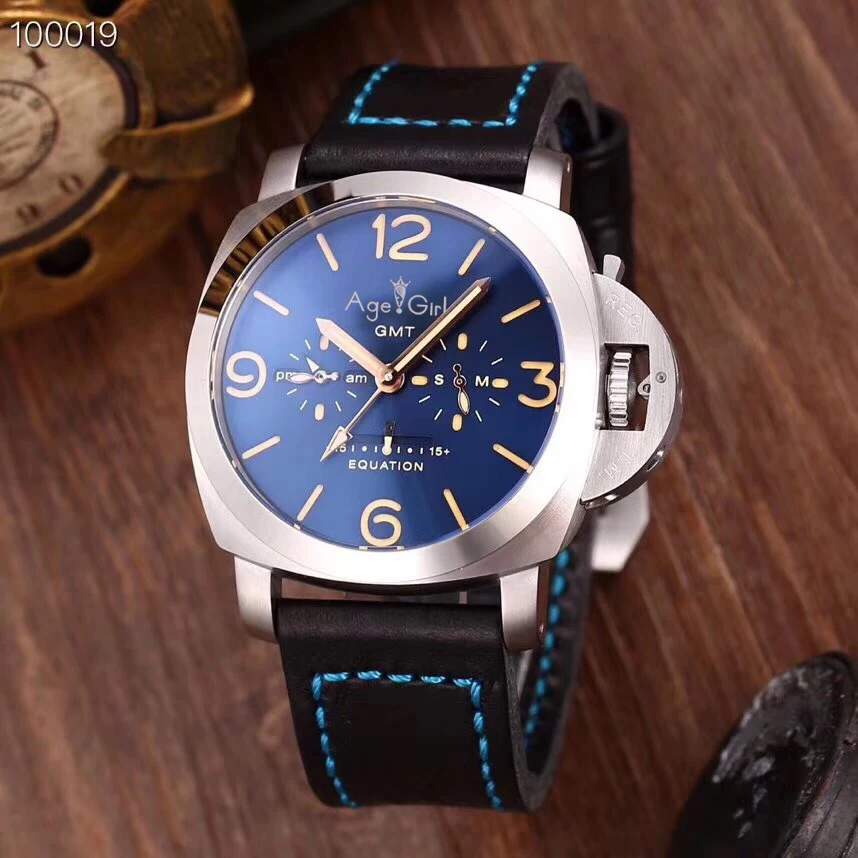 

Luxury Brand New Men Automatic Mechanical Stainless Steel Blue Black Leather Watch Silver Luminous Equation Watches Limited GMT