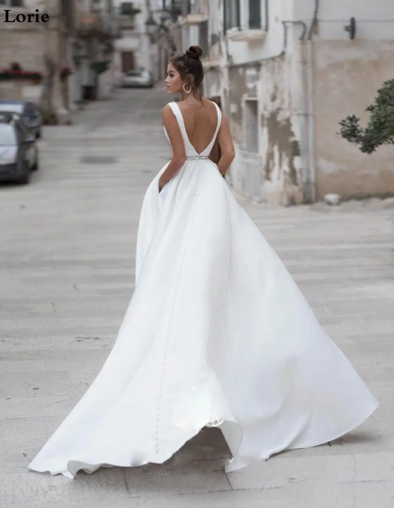 Lorie Satin Wedding Dresses V Neck Bride Dresses Buttons Vestido de novia Boho Elegant Wedding Gown For Women Custom Made Lorie Satin Wedding Dresses V Neck Bride Dresses Buttons Vestido de novia Boho Elegant Wedding Gown For Women Custom Made