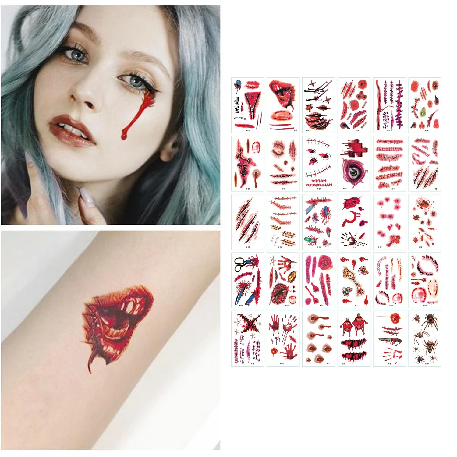 

30pcs Halloween Scar Tattoo Stickers Bloody Sticker for Halloween April Fool Day Prank Party Waterproof Halloween Tattoo Sticker