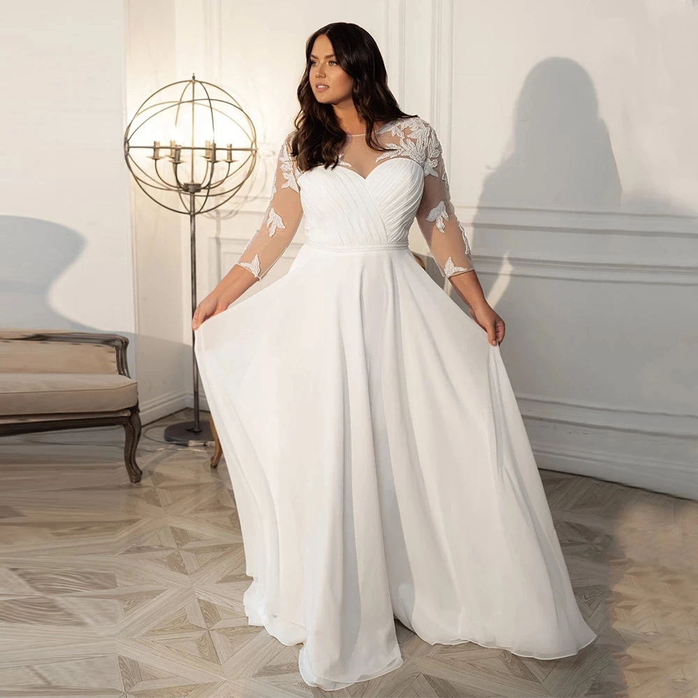 

Civil Plus Size Chiffon Wedding Dresses For Woman Simple Floor Length Bridal Gown With 3/4 Sleeves Applique Pleat Gothic Robe