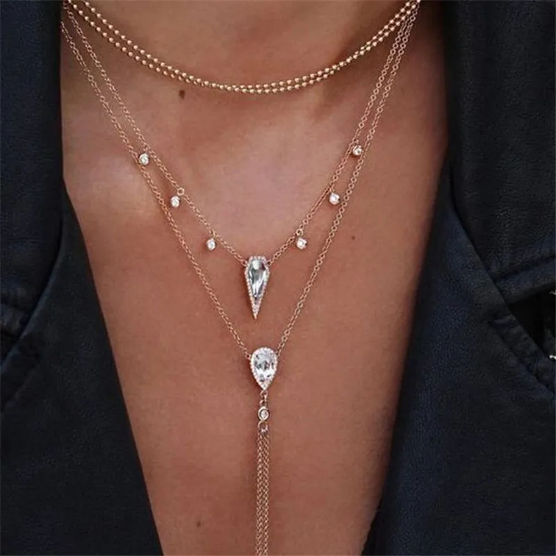 

Hot Sale Fashion Multilayered Water Drop Round Crystal Tassel Pendant Bohemian Short Statement Necklace for Women Charms Jewelry