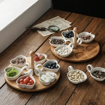 

Rotatable Ceramic Plates Ceramic Dim Sum Bowl Set Wooden Fruit Plate Dinner Porcelain Dessert Plate Cake Tray Food Tableware