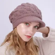 Женская зимняя вязаная шапка, одноцветная, плюс бархат, кроличий мех, крест, теплая шапка, осень, игольчатый купол, роскошная, Skullies, шерстяная шапка