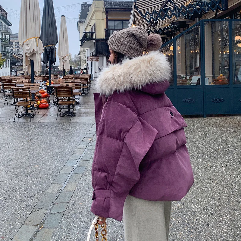 

Short Cotton Coat Women's Korean-style Loose-Fit BF Large Fur Collar Thick down Coat Corduroy INS Coat Women's dong harbour Wave