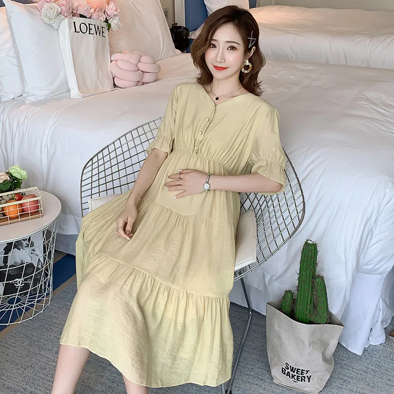 

Pregnant Women 2019 Summer Wear New Style V-neck Open Buckle Nursing Dress Pregnancy Hipster High-waisted Slimming Long Skirts F