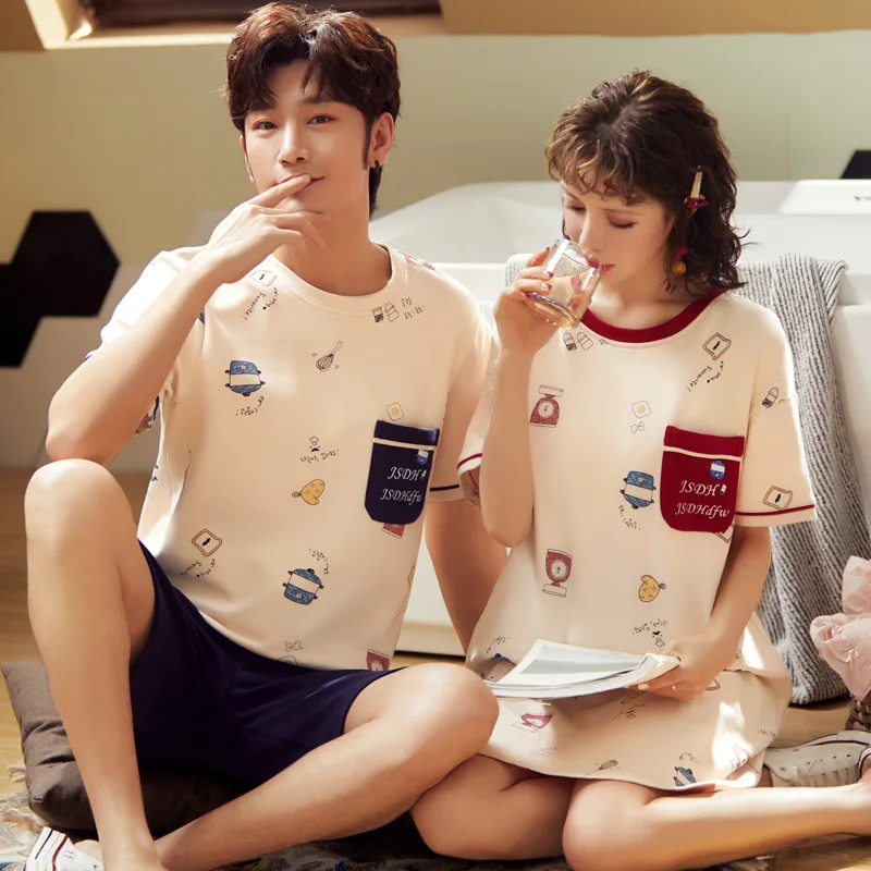 

2020 Couples Pajamas Summer Pure Cotton Short Sleeve Korean-style Cute Nightgown Women's Summer Thin Men Homewear Set