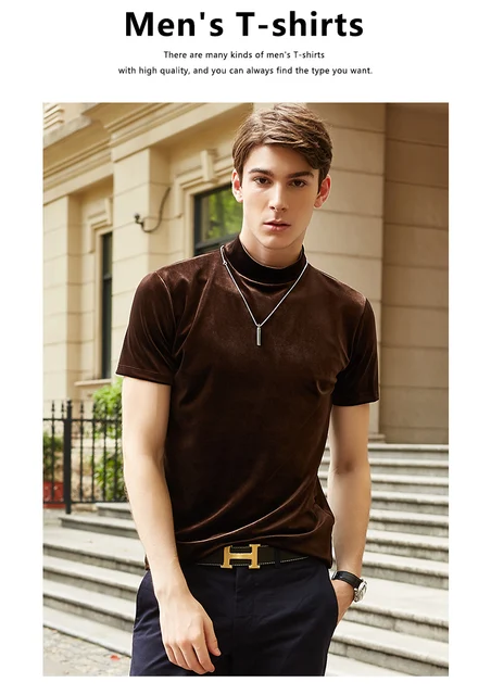 Fashion Summer Men velour T Shirt Solid Color half Turtleneck 