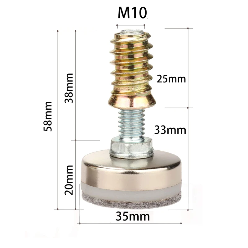 Furniture Levelers Adjustable Leveling Legs for Tables Chairs Cabinets M10 x 35mm Diameter Base with Felt Pads Pack of 8