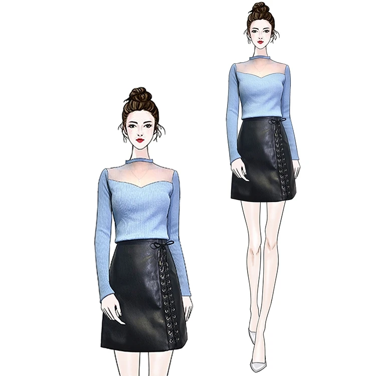

Oshangchaopin Women Elegant 2-Piece Set Fashion Slim Basic Simple Stretch Pull Knitted Top+Bandage PU Leather Mini Skirt Set New