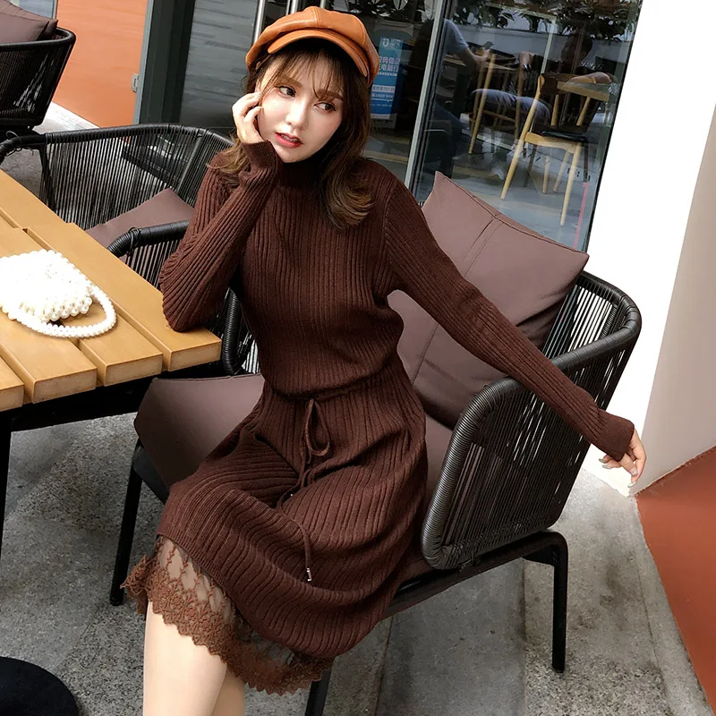 

Fashion Autumn Sweater Dress Women Sweaters Dresses Elegant Woman High Waist Knitted Lace Patchwork Dresses Sweaters Dress Women