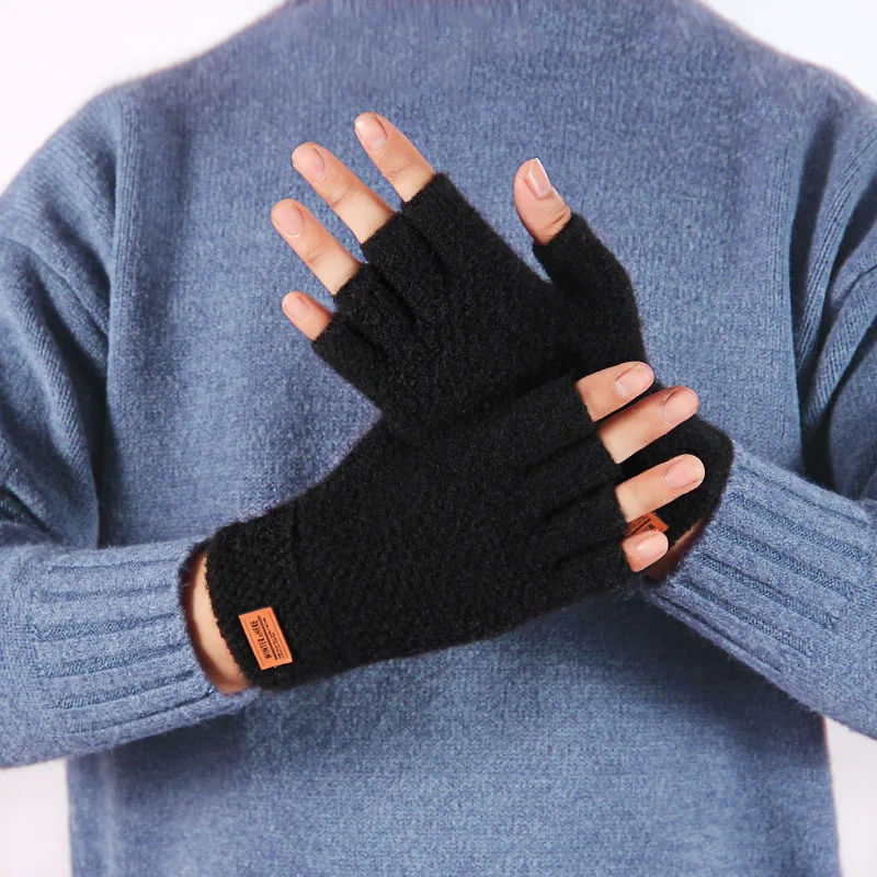 mens winter cycling gloves New Men's Winter Half-Finger Fingerless Clamshell Knitted Alpaca Warmth and Thick Fluffy Outdoor Riding Sports Driving Gloves mens leather gloves