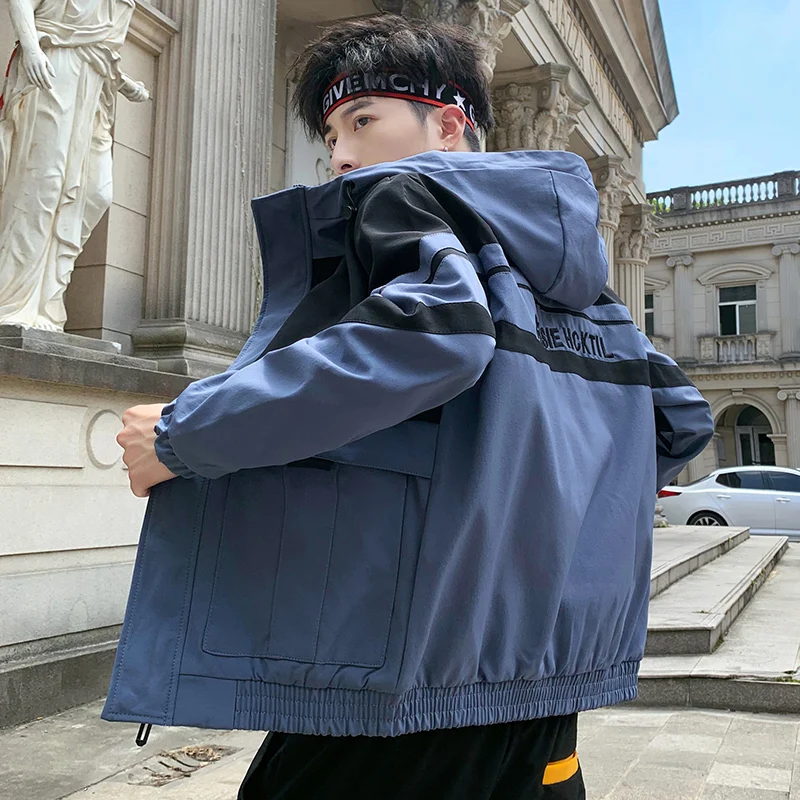 

2019 Autumn And Winter Men's New Casual Contrast Color Loose Pockets Decorative Hooded Jacket Temperament Trend Cotton
