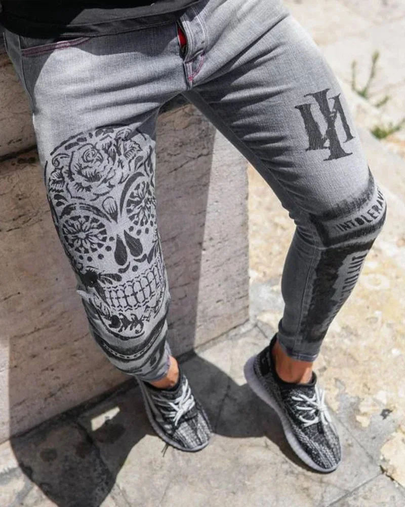 Men sexy Skinny Stretch Jeans High Quality Street Fashion Printing Wash Gray Denim  pencil pants Causal Jogging Men's Trousers