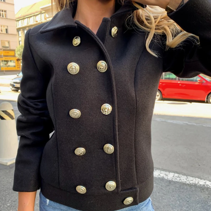 Женская приталенная двубортная куртка, пальто, осенняя короткая куртка, модная однотонная уличная одежда цвета хаки, повседневная верхняя одежда, куртки
