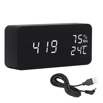 

Voice Control Wood USB Digital Alarm Clock with Day/Date/Temperature Humidity