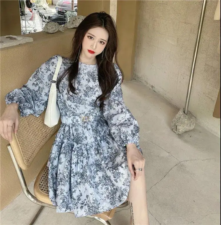 Spring Dress Women Puff Sleeve Sashes Retro Slim Popular Korean Style Leisure Simple Fashion Ladies All-match Vestido Holiday cocktail dresses