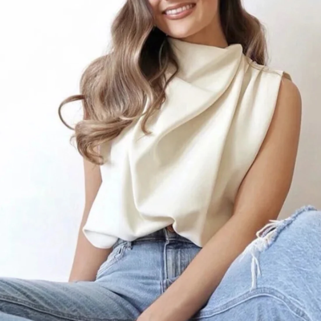 Blusa holgada informal con cuello levantado para verano, camisa Vintage para mujer, 2021
