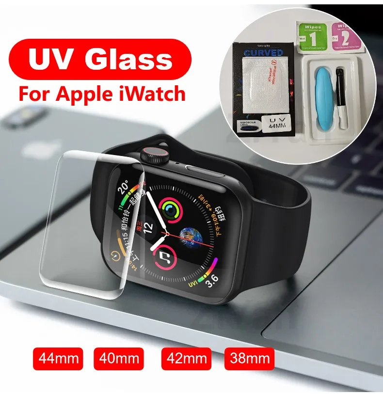 10Pcs/Lot New UV Tempered Glass Screen Protector For Apple Watch Series 6 SE 5 4 3 2 38mm 42 40 44mm Full Glue Protective Glass