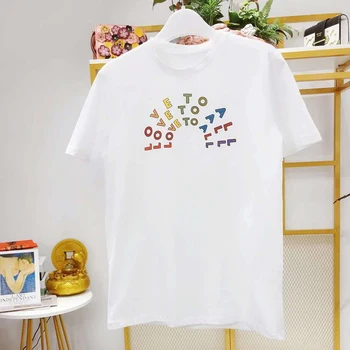 

Women white tee Color letter print o-neck short sleeve wild T-shirt tops
