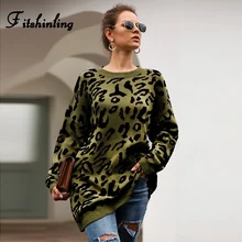 Fitshinling зима леопардовые длинные пуловеры свитера для женщин Boho свободный джемпер Pull Женский, с длинным рукавом вязаный свитер распродажа