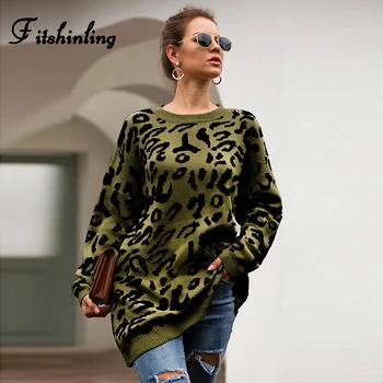 

Fitshinling Winter 2019 Leopard Long Pullovers Sweaters For Women Boho Loose Jumper Pull Femme Long Sleeve Knitted Sweater Sale
