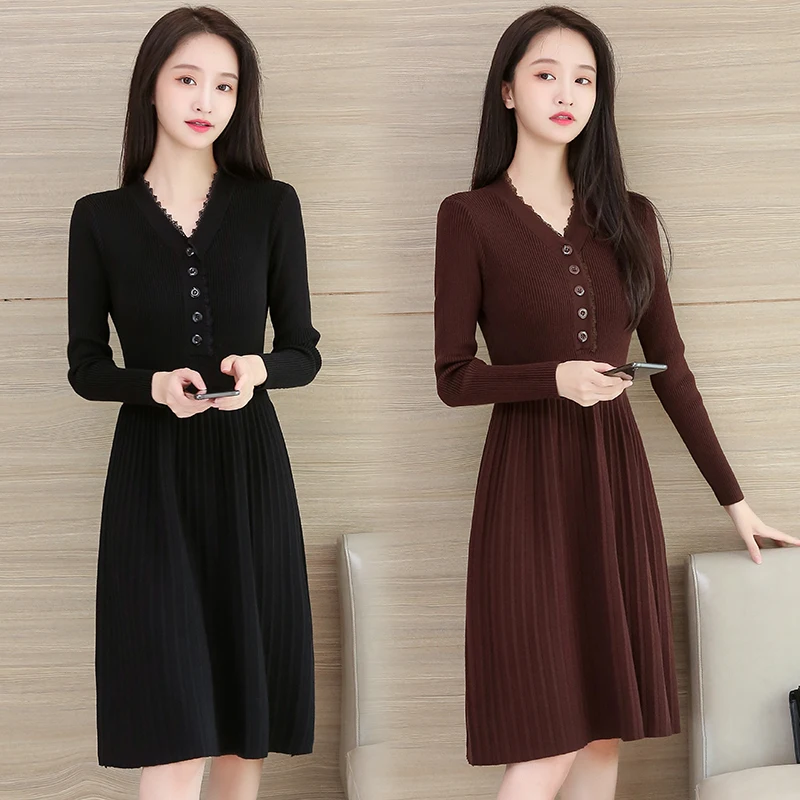 Japanese Fashion Wool Sweaters Dress for Women Button Knitting Woman Dress Winter Long Sleeve Office Lady Bodycon Dress