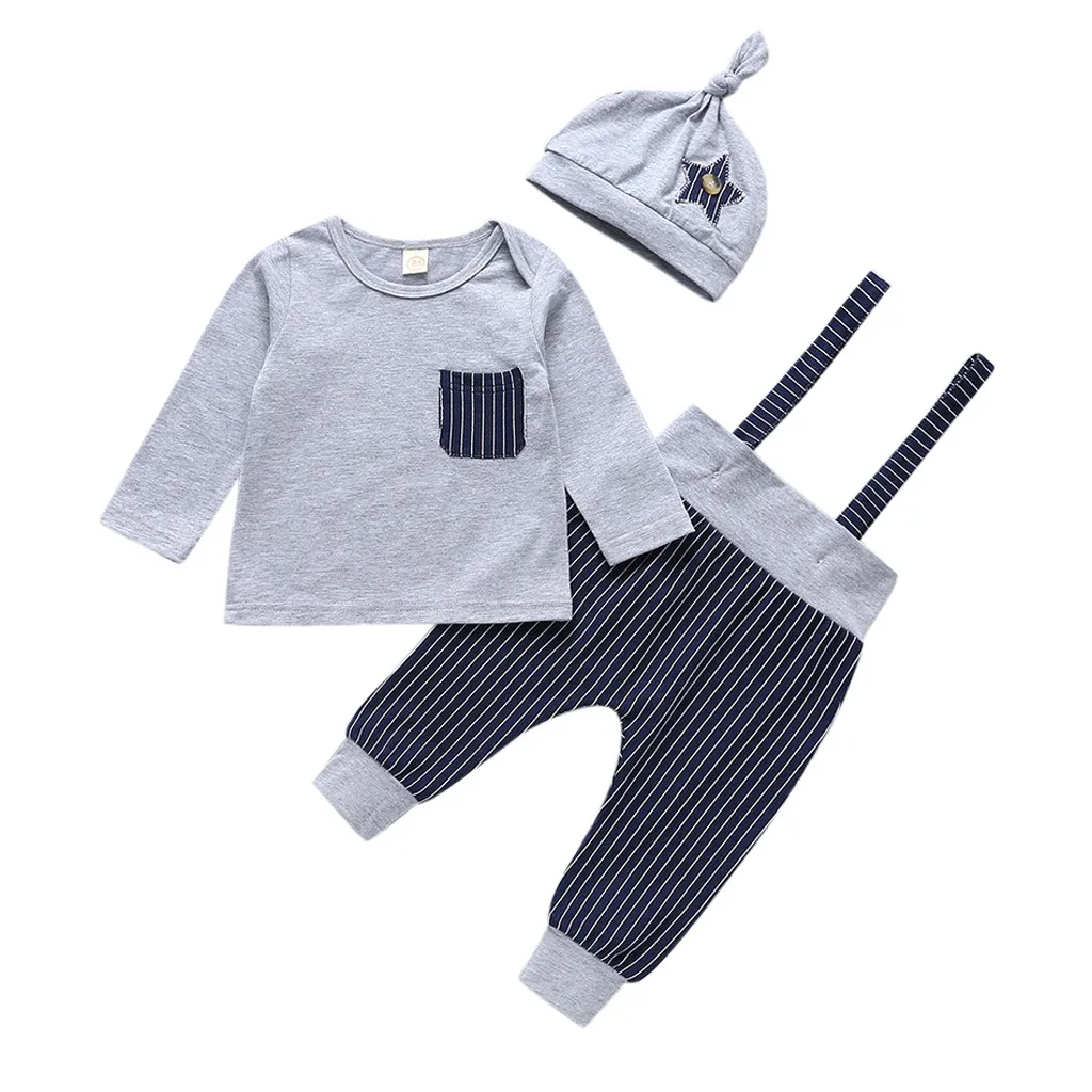Комплект одежды для маленьких мальчиков, 3 предмета, топы в полоску для новорожденных, штаны, комбинезон одежда с шапочкой полосатый топ с длинными рукавами, комбинезон, комплект из трех предметов