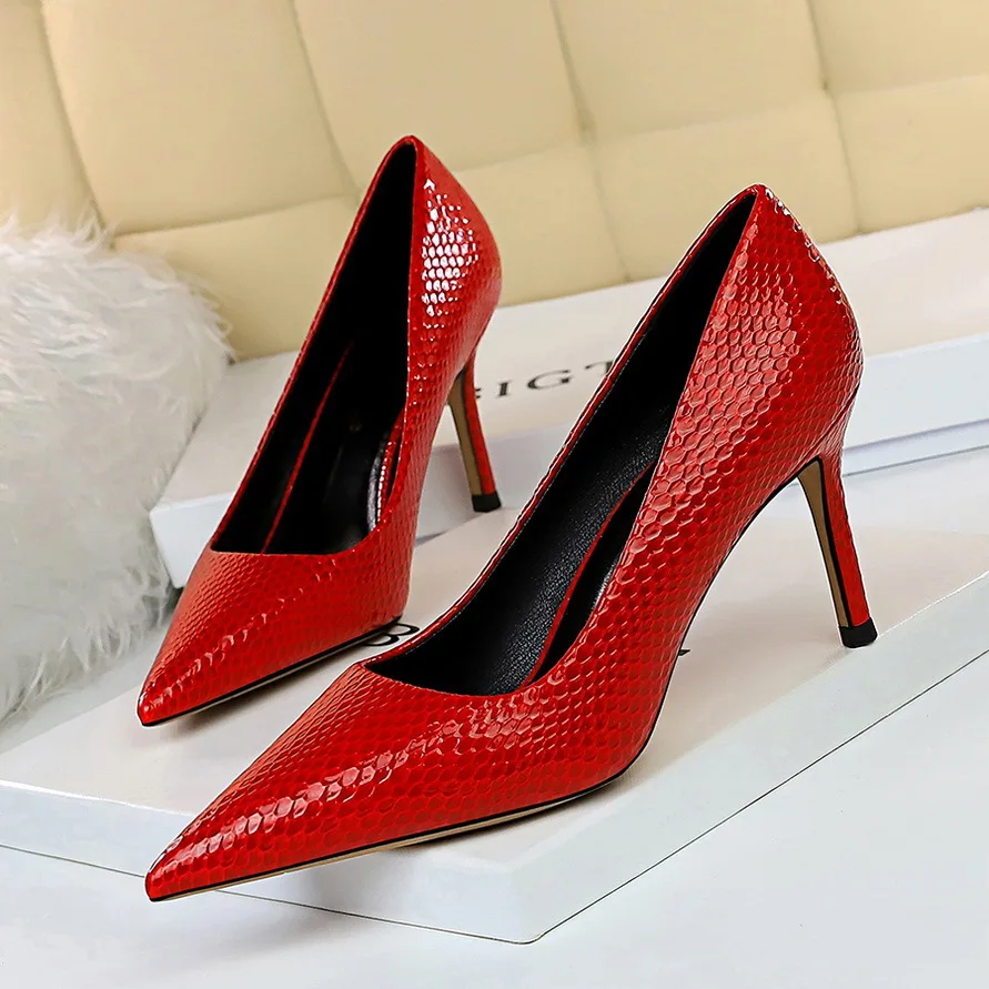 

272-6 Europe And America Fashion Simple High-Heel-Slimming Career Ol Versatile WOMEN'S Shoes Shallow Mouth Pointed Snakeskin Sho