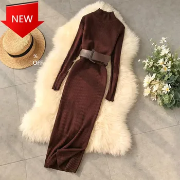 

Autumn Winter lady Slim Sweater Bandage Bodycon Dress Long Sleeve Knitted Dress Turtleneck Sweater Dress 2020 Women Fashion