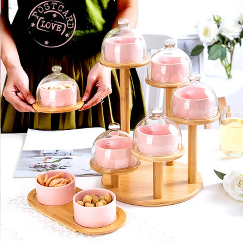 

Ceramic Salad Bowl Food Tray Sets with Glass Lid Ceramic Tableware Set Household Snack Dried Fruit Cake Plate Decorative Tray