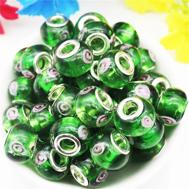 

10Pcs Green Color Pink Flower Big Hole Murano Spacer Glass Beads Fit Pandora Bracelet DIY Cord Chain Necklace Hair Jewelry Gift