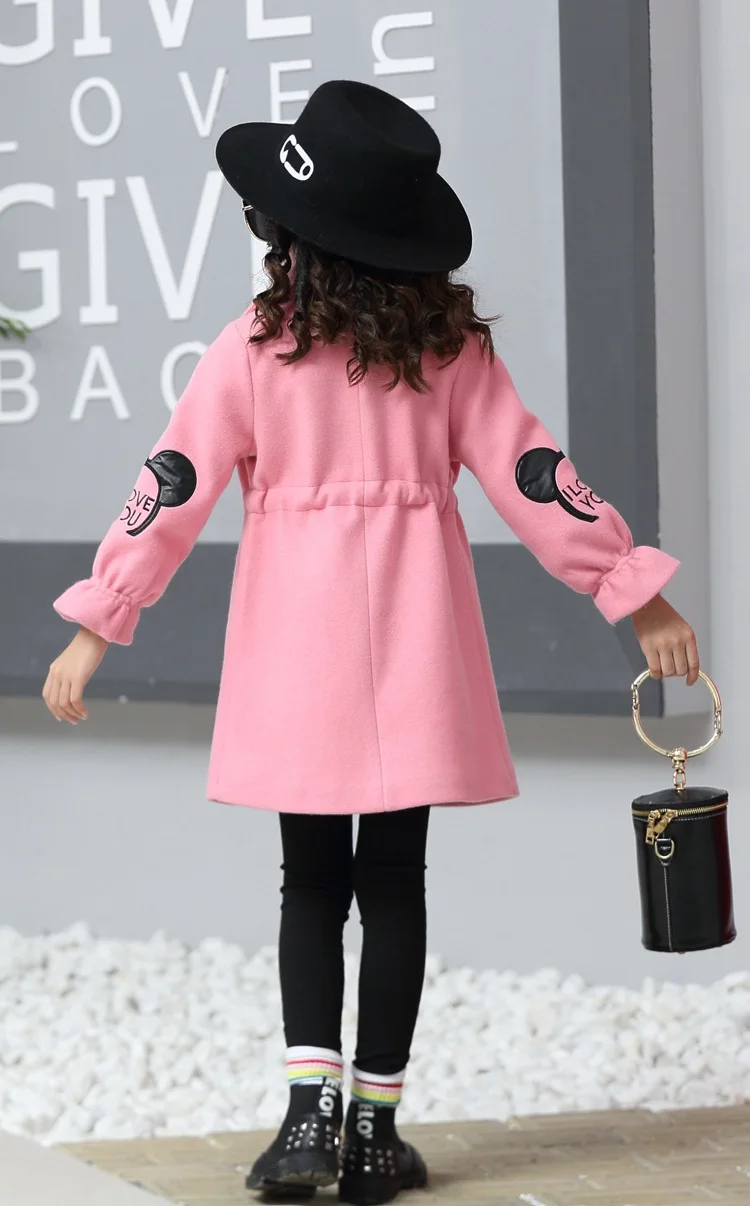 Girls woolen coats Children pure color lapel windbreaker Winter Kids pompon outwears