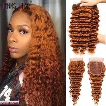 

Deep Wave Bundles With Closure Blonde 3 Bundles With Lace Closure Peruvian #30 Colored Human Hair Bundles Remy Shining Star Hair