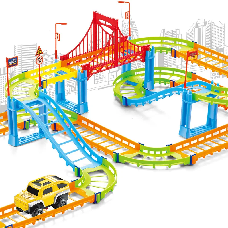 

DIY Electric Racing Rail Car Kids Train Track Model Toy Baby Railway Track Racing Road Transportation Building Slot Sets