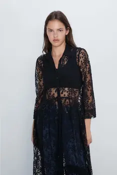 

2020 Spring Summer New European lace embroidery zaraing women Shirt Dress sheining vadiming Female Black Lace Dress plus XDN9450