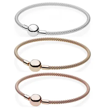

Original 925 Sterling Silver Bangle Rose Gold Snake Chain Basic Ball Clasp Mesh Bracelet Fit Women Bead Charm Pandora Jewelry
