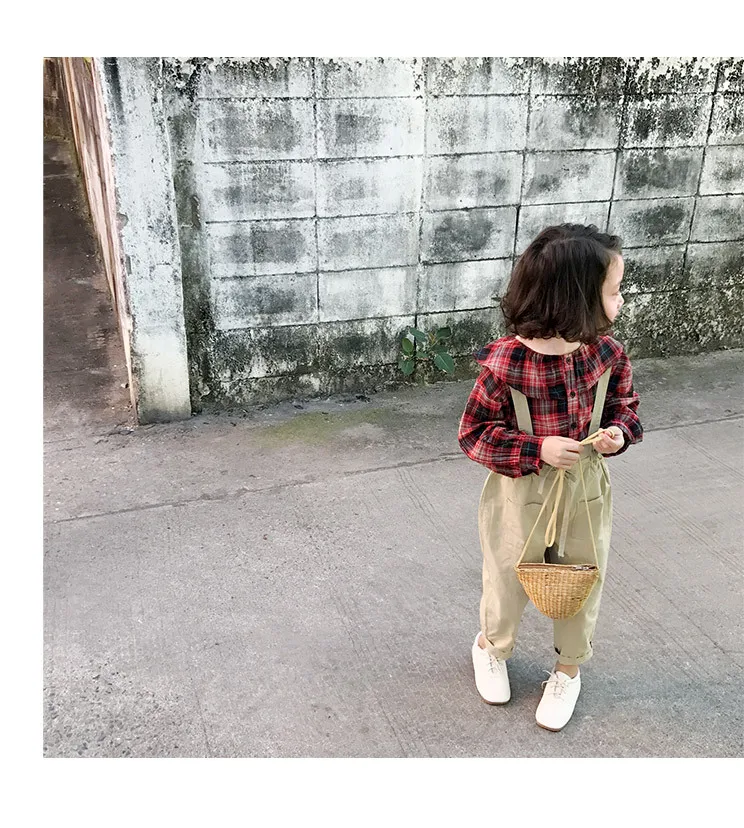new autumn item girl fashion suit including plaid shirt+suspender pant 2pcs per set