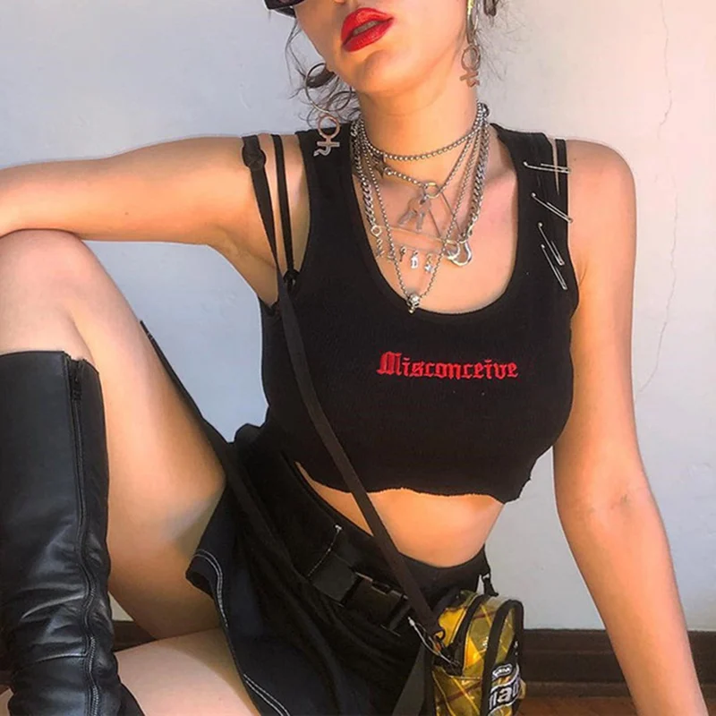 

Chinese Style Streetwear Tank Tops Women Letter Embroidery Pin Vest Summer Solid Color Hollow Sports Umbilical Camisole