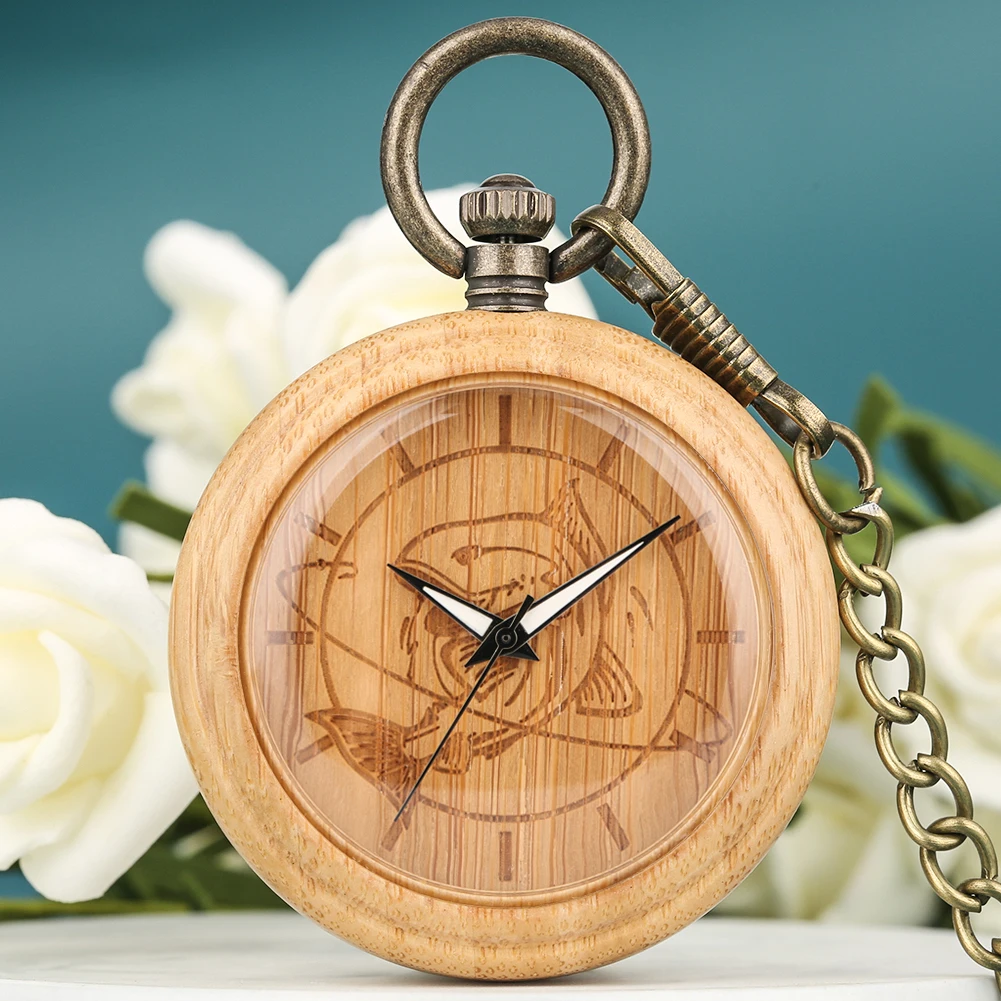 Bamboo Pocket Watch Men Wooden Fish Pattern Dial Quartz Clock High Quality Necklace Chain Pendant Watch 4
