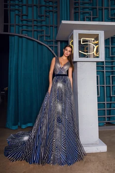 

2019 New Collection Blue A Line Lady Evening Party Gowns Modern V Neck Sweep Train Long Formal Dresses Vestido de fiesta