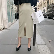 Весенняя элегантная Офисная Женская Однотонная юбка, облегающая длинная юбка-карандаш с высокой талией, простая юбка для женщин, Женская рабочая одежда с разрезом, женские юбки