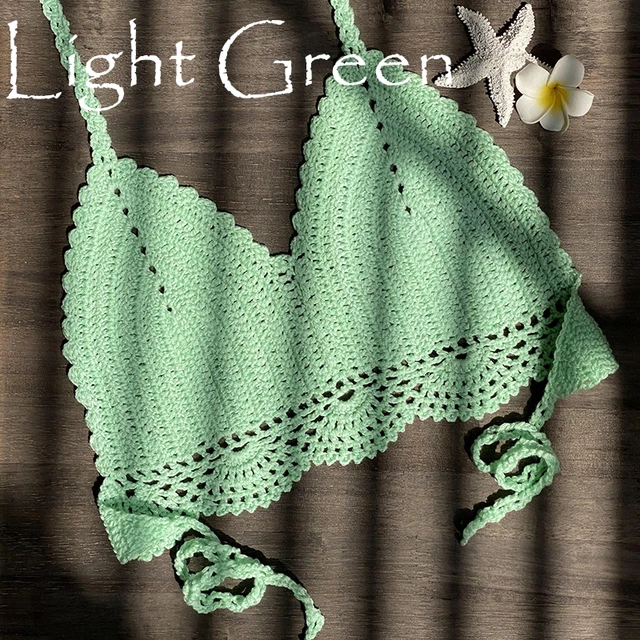 2021 New Bikini Top Handmade Crochet Women Boho Beach Bralette Solid Halter Knitted Swimsuit Brazilian Bikinis Bathing Suit Top Light Green