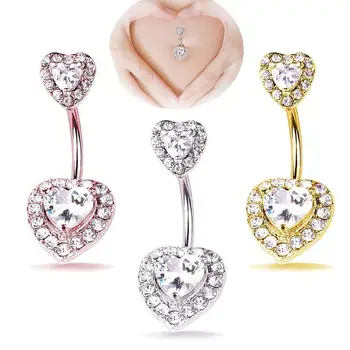 

New Pink Heart Shape Women Navel Belly Ring Crystal Steel Gold Ear Piercings Rings Double Round Piercing Girls Sexy Body Jewelry