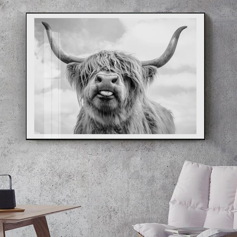 Black-and-White-Highland-Cow-Scottish-Cattle-Wall-Canvas-Art-Nordic-Painting-Poster-and-Print-Wall (2)